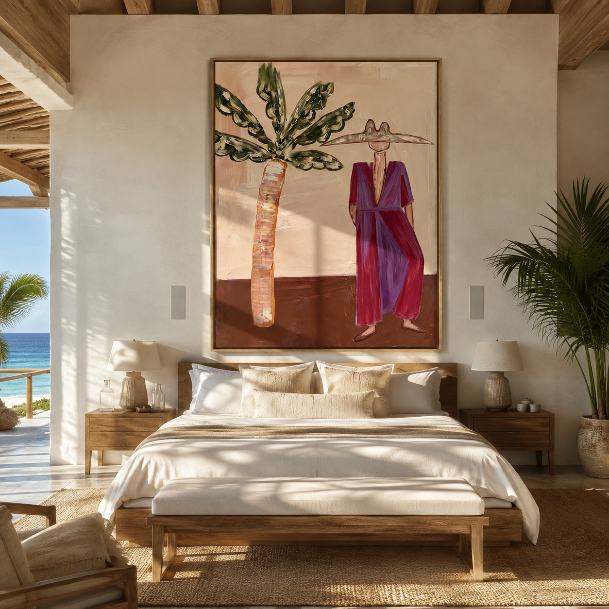 Magenta Brim Greets Palms - magenta resort woman painting by Claire Whitmore, modern coastal vertical wall art – styled room scene view 4