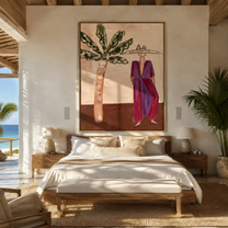 Magenta Brim Greets Palms - magenta resort woman painting by Claire Whitmore, modern coastal vertical wall art – styled room scene view 4