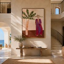 Magenta Brim Greets Palms - magenta resort woman painting by Claire Whitmore, modern coastal vertical wall art – styled room scene view 5