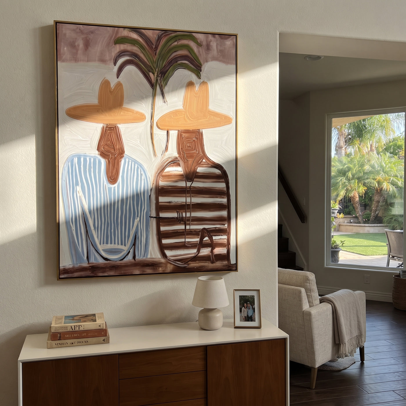 Twin Stripes Meet Palms - striped palm pair painting by Claire Whitmore, modern coastal vertical wall art – styled room scene view 1