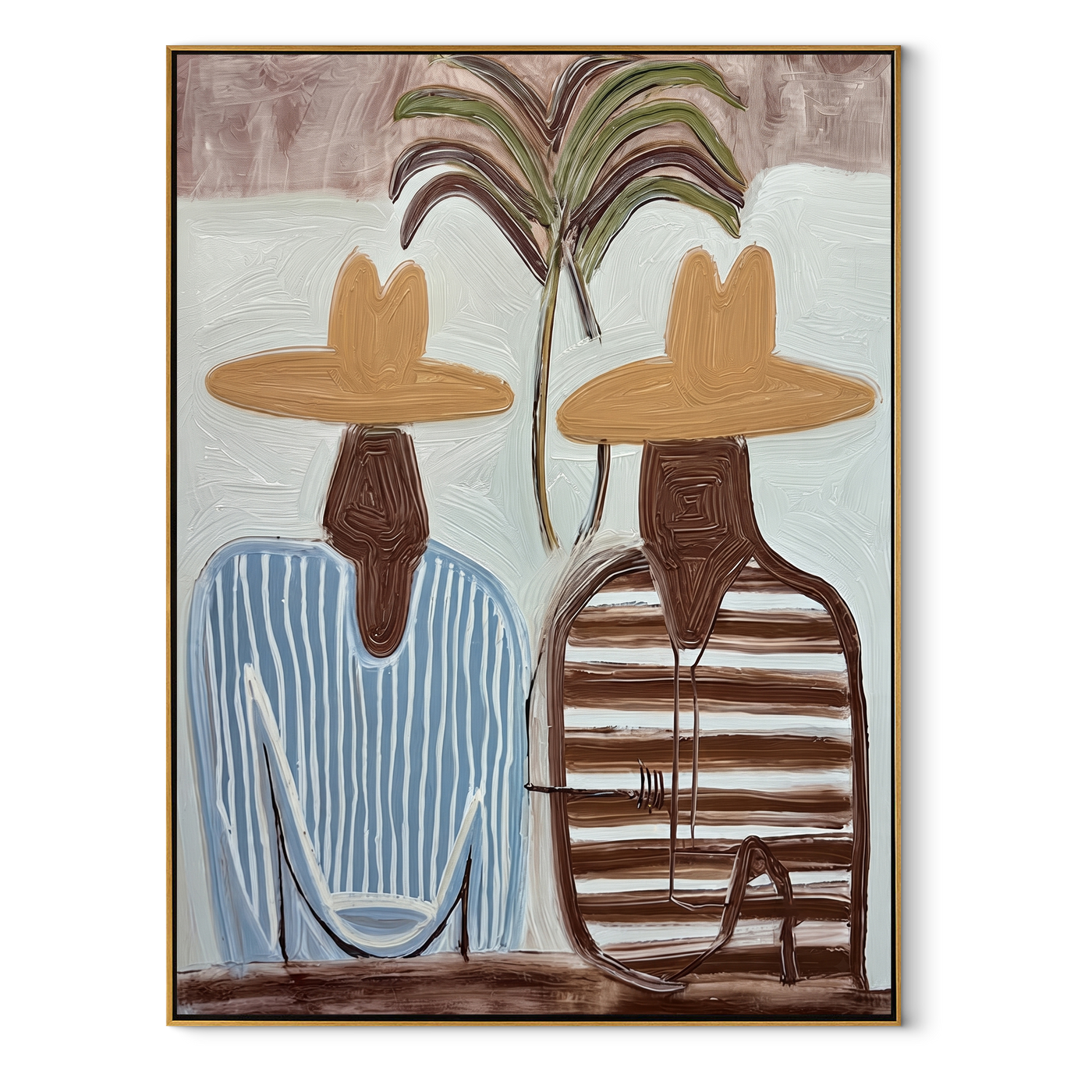 Twin Stripes Meet Palms - striped palm pair painting by Claire Whitmore, modern coastal vertical wall art – wood frame on white background