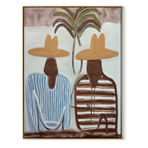 Twin Stripes Meet Palms - striped palm pair painting by Claire Whitmore, modern coastal vertical wall art – wood frame on white background