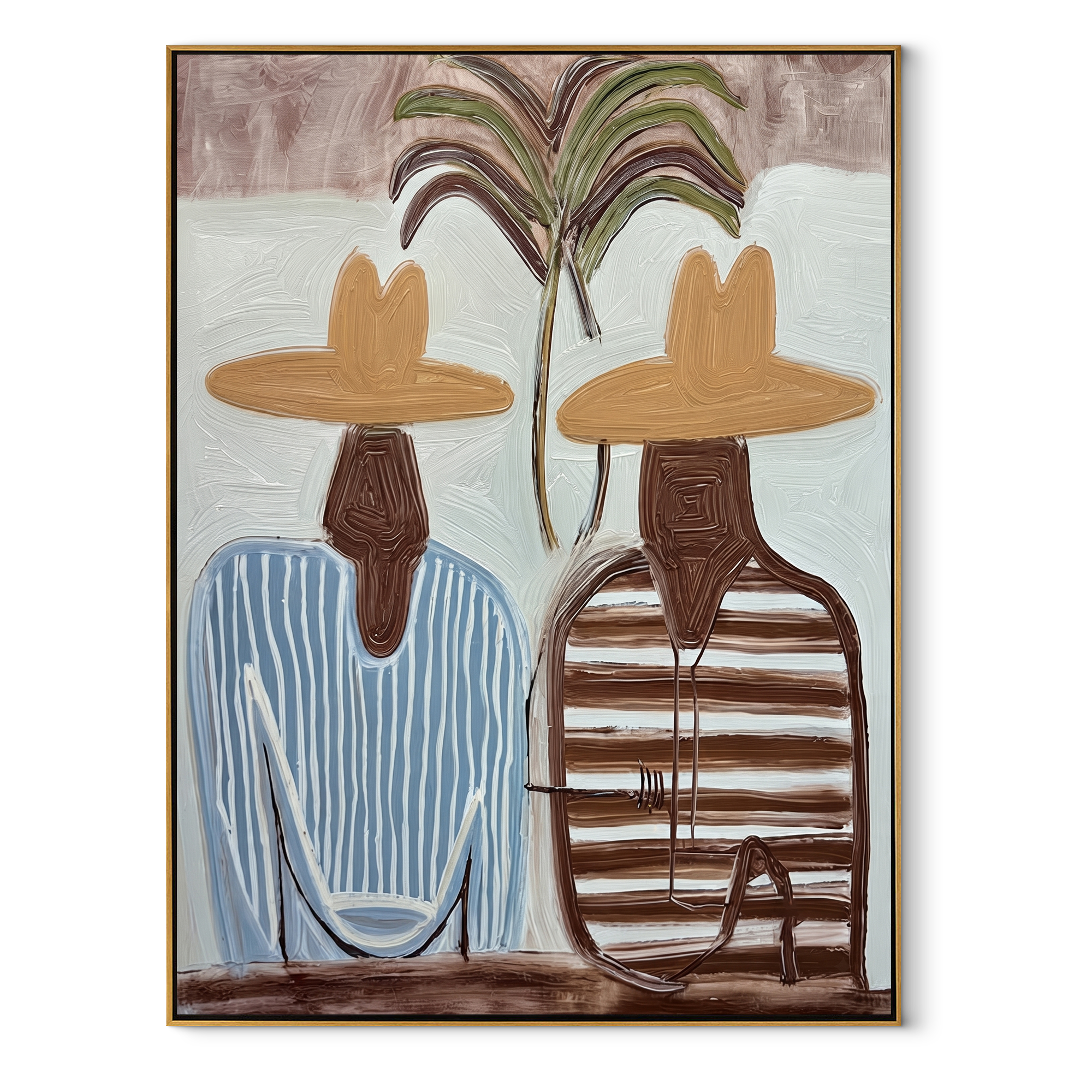 Twin Stripes Meet Palms - striped palm pair painting by Claire Whitmore, modern coastal vertical wall art – wood frame on white background