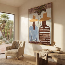 Twin Stripes Meet Palms - striped palm pair painting by Claire Whitmore, modern coastal vertical wall art – styled room scene view 3