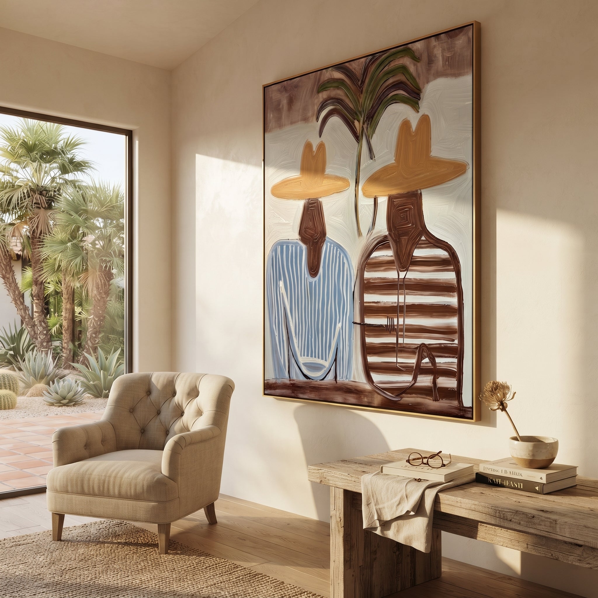 Twin Stripes Meet Palms - striped palm pair painting by Claire Whitmore, modern coastal vertical wall art – styled room scene view 3