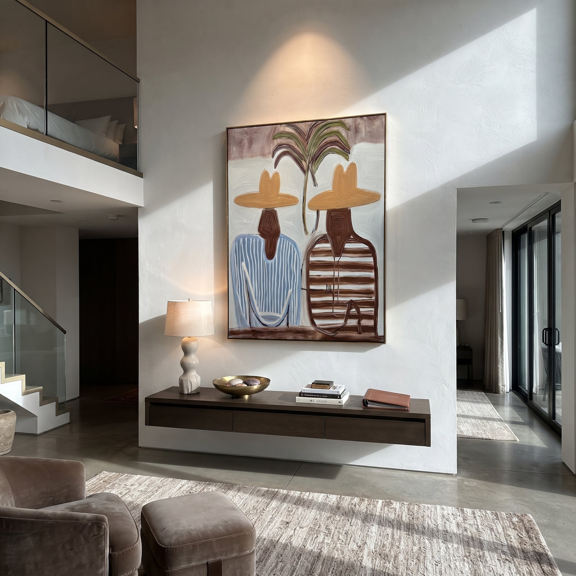 Twin Stripes Meet Palms - striped palm pair painting by Claire Whitmore, modern coastal vertical wall art – styled room scene view 5