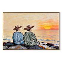 Sunset Waits Behind Stripes - sunset coastal pair painting by Claire Whitmore, modern coastal horizontal wall art – wood frame on white background