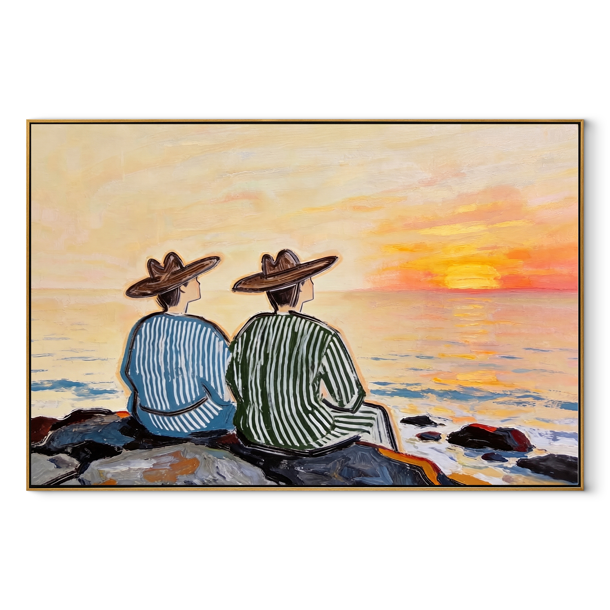 Sunset Waits Behind Stripes - sunset coastal pair painting by Claire Whitmore, modern coastal horizontal wall art – wood frame on white background