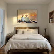 Sunset Waits Behind Stripes - sunset coastal pair painting by Claire Whitmore, modern coastal horizontal wall art – styled room scene view 2
