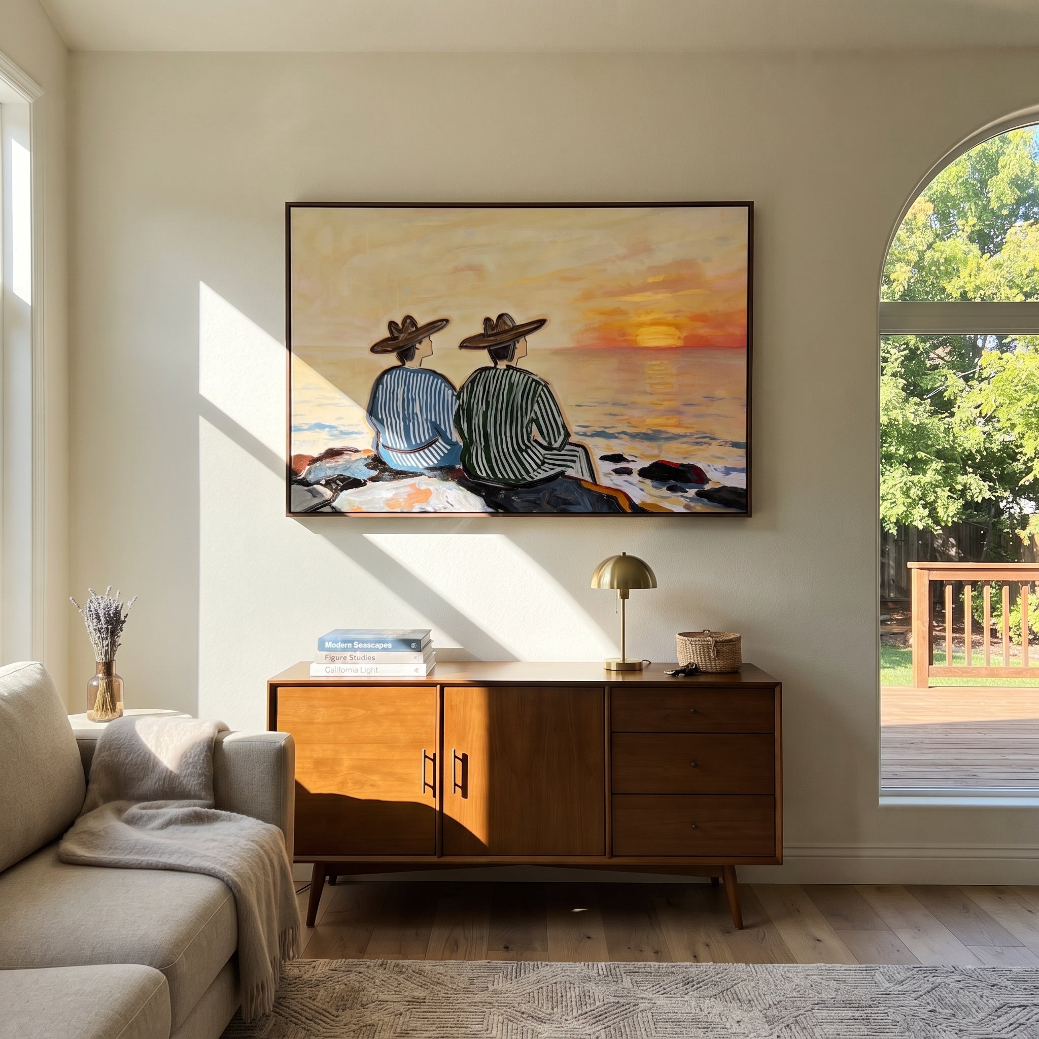 Sunset Waits Behind Stripes - sunset coastal pair painting by Claire Whitmore, modern coastal horizontal wall art – styled room scene view 3
