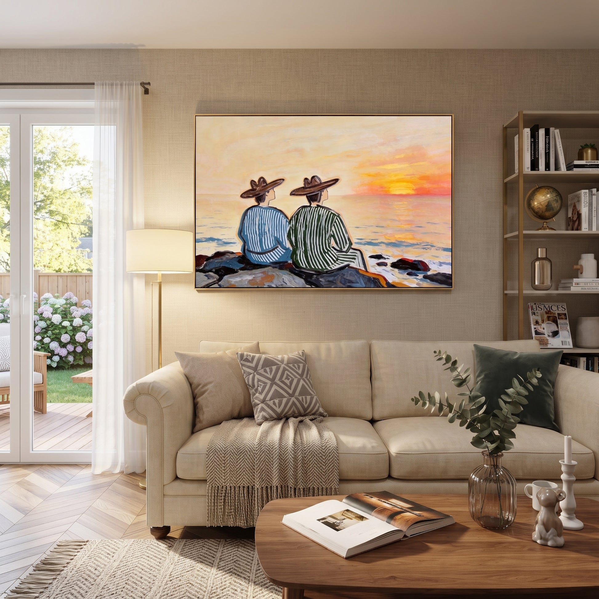 Sunset Waits Behind Stripes - sunset coastal pair painting by Claire Whitmore, modern coastal horizontal wall art – styled room scene view 4