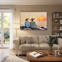 Sunset Waits Behind Stripes - sunset coastal pair painting by Claire Whitmore, modern coastal horizontal wall art – styled room scene view 4