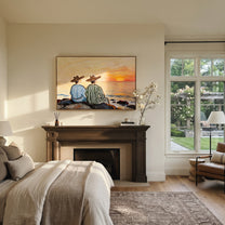 Sunset Waits Behind Stripes - sunset coastal pair painting by Claire Whitmore, modern coastal horizontal wall art – styled room scene view 5