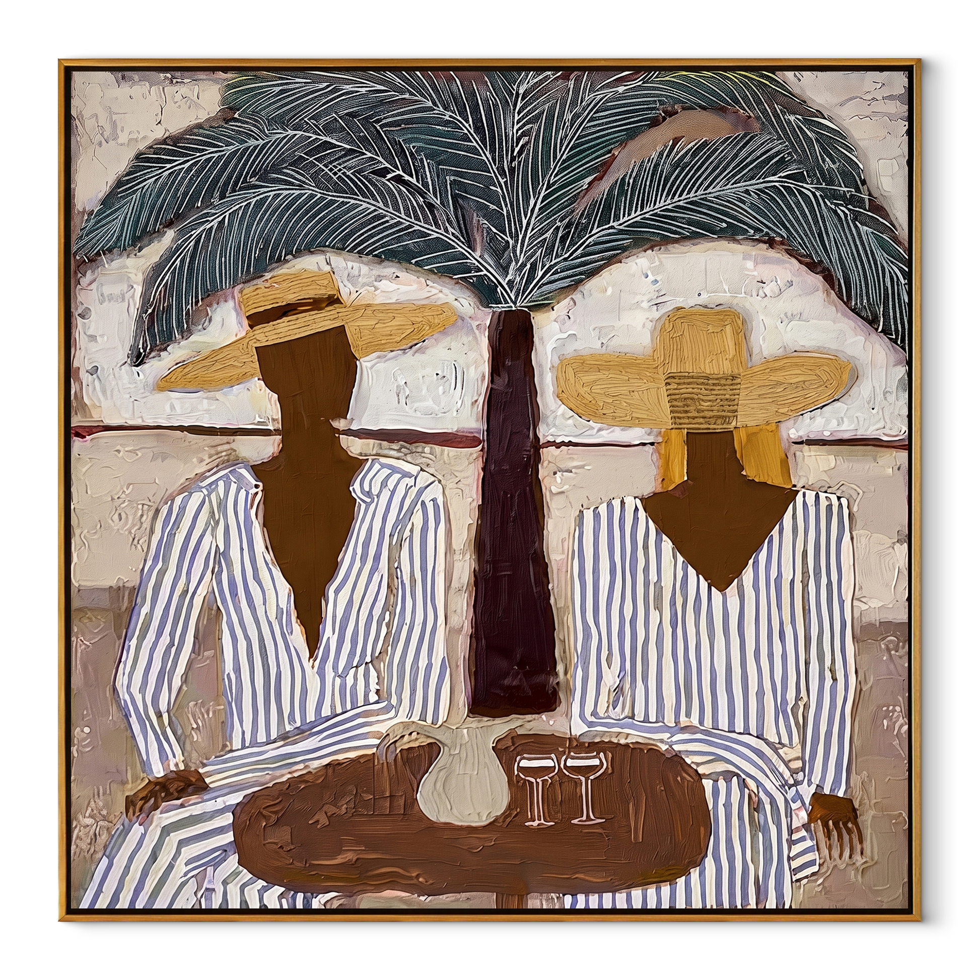 Palm Shade Sets Table - striped resort table painting by Claire Whitmore, modern coastal square wall art – wood frame on white background