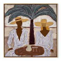 Palm Shade Sets Table - striped resort table painting by Claire Whitmore, modern coastal square wall art – wood frame on white background