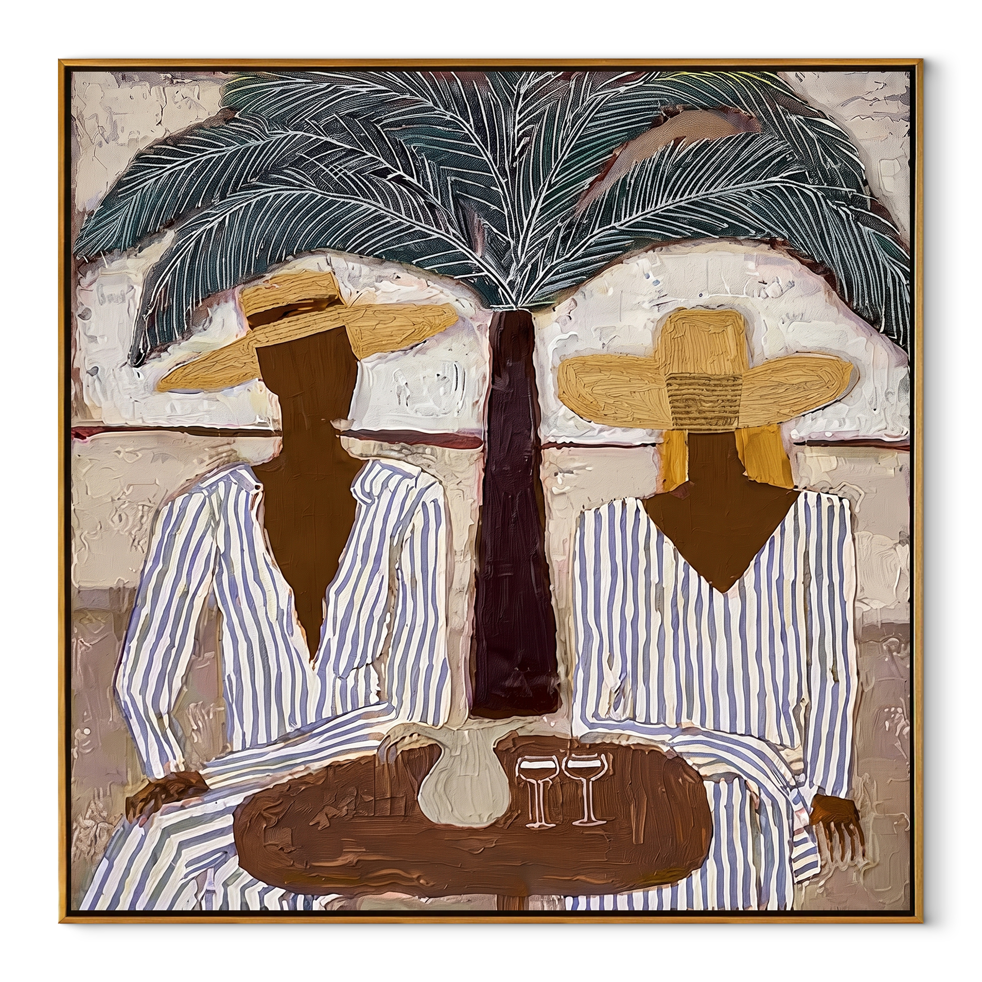 Palm Shade Sets Table - striped resort table painting by Claire Whitmore, modern coastal square wall art – wood frame on white background