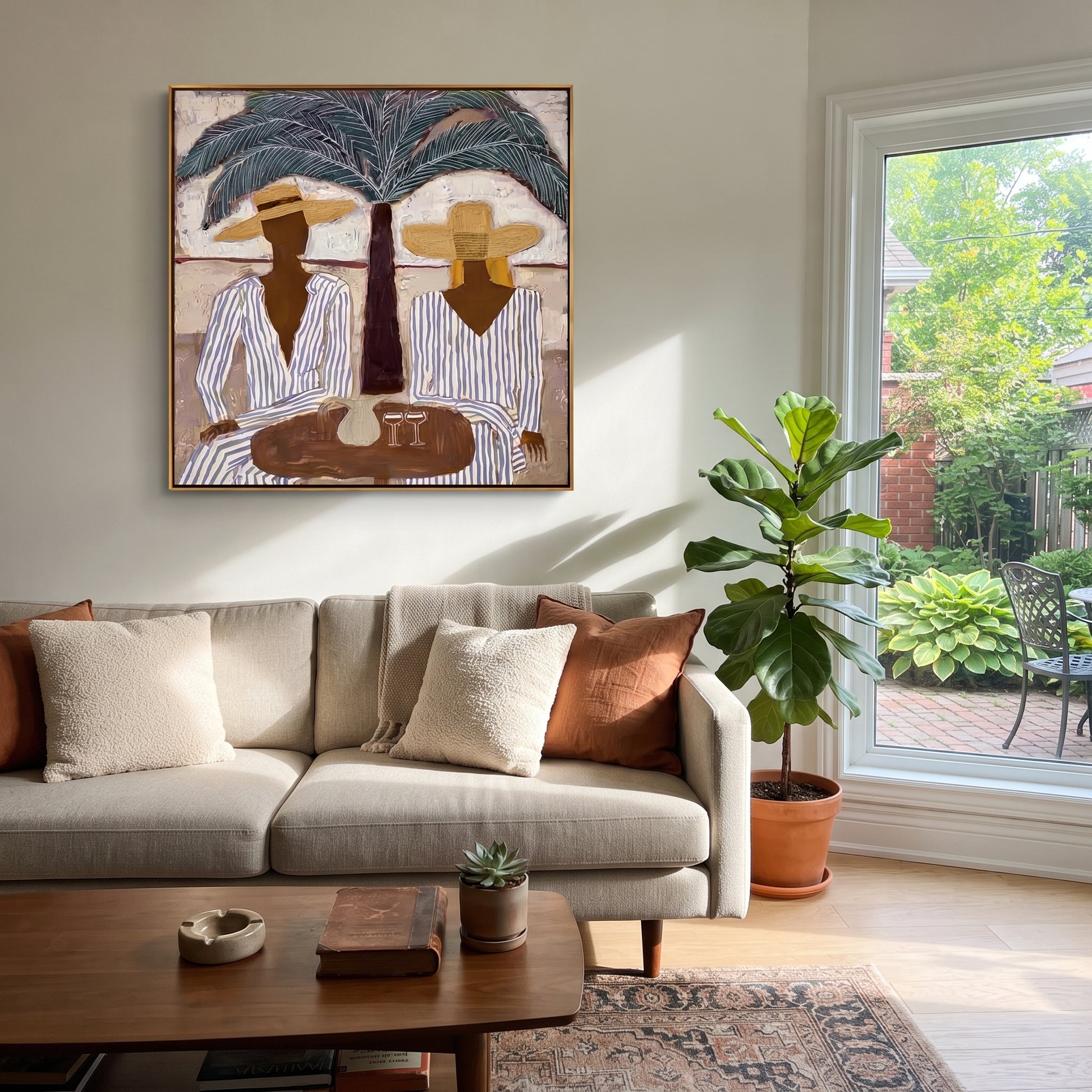 Palm Shade Sets Table - striped resort table painting by Claire Whitmore, modern coastal square wall art – styled room scene view 2