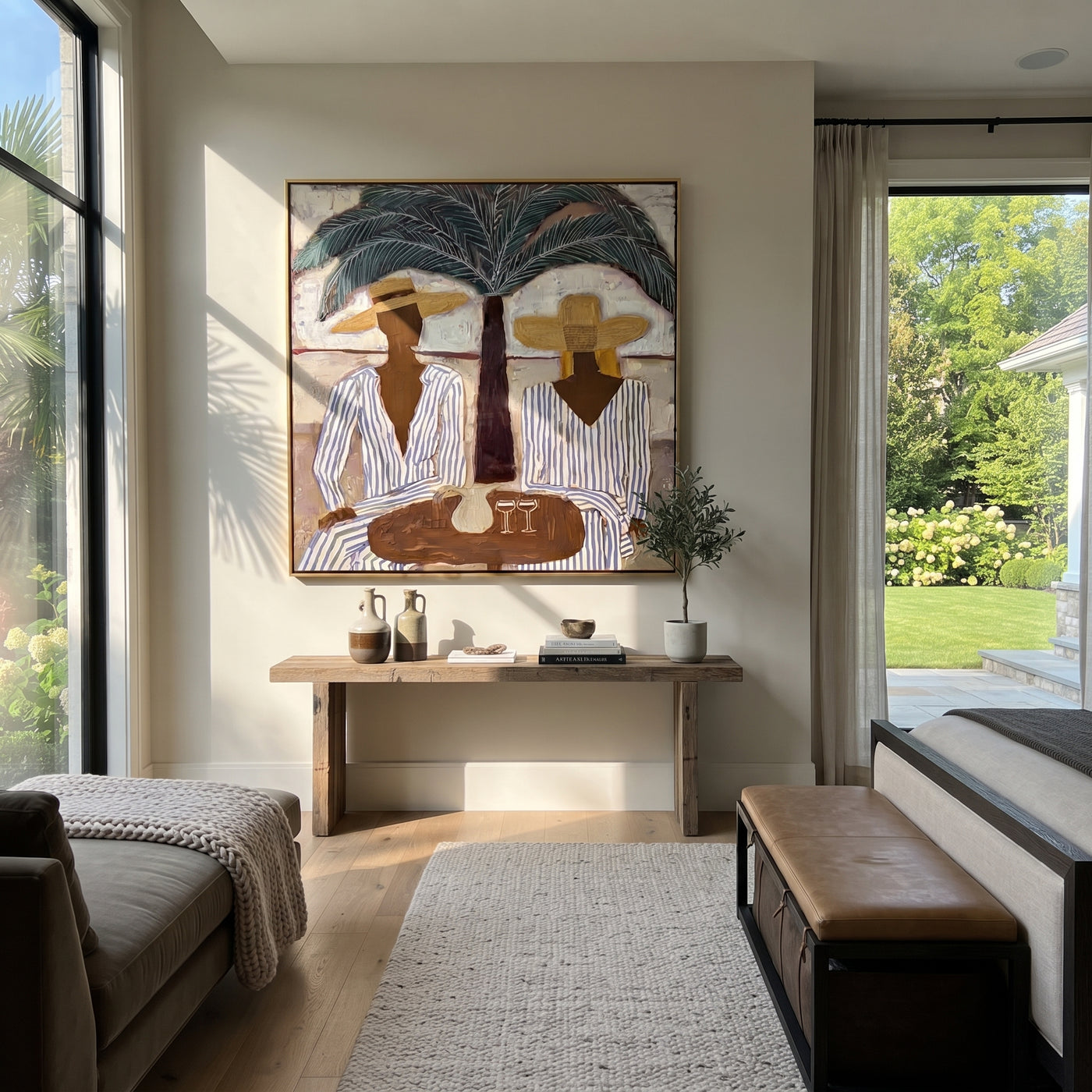 Palm Shade Sets Table - striped resort table painting by Claire Whitmore, modern coastal square wall art – styled room scene view 3