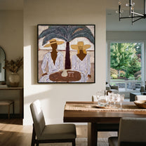 Palm Shade Sets Table - striped resort table painting by Claire Whitmore, modern coastal square wall art – styled room scene view 4