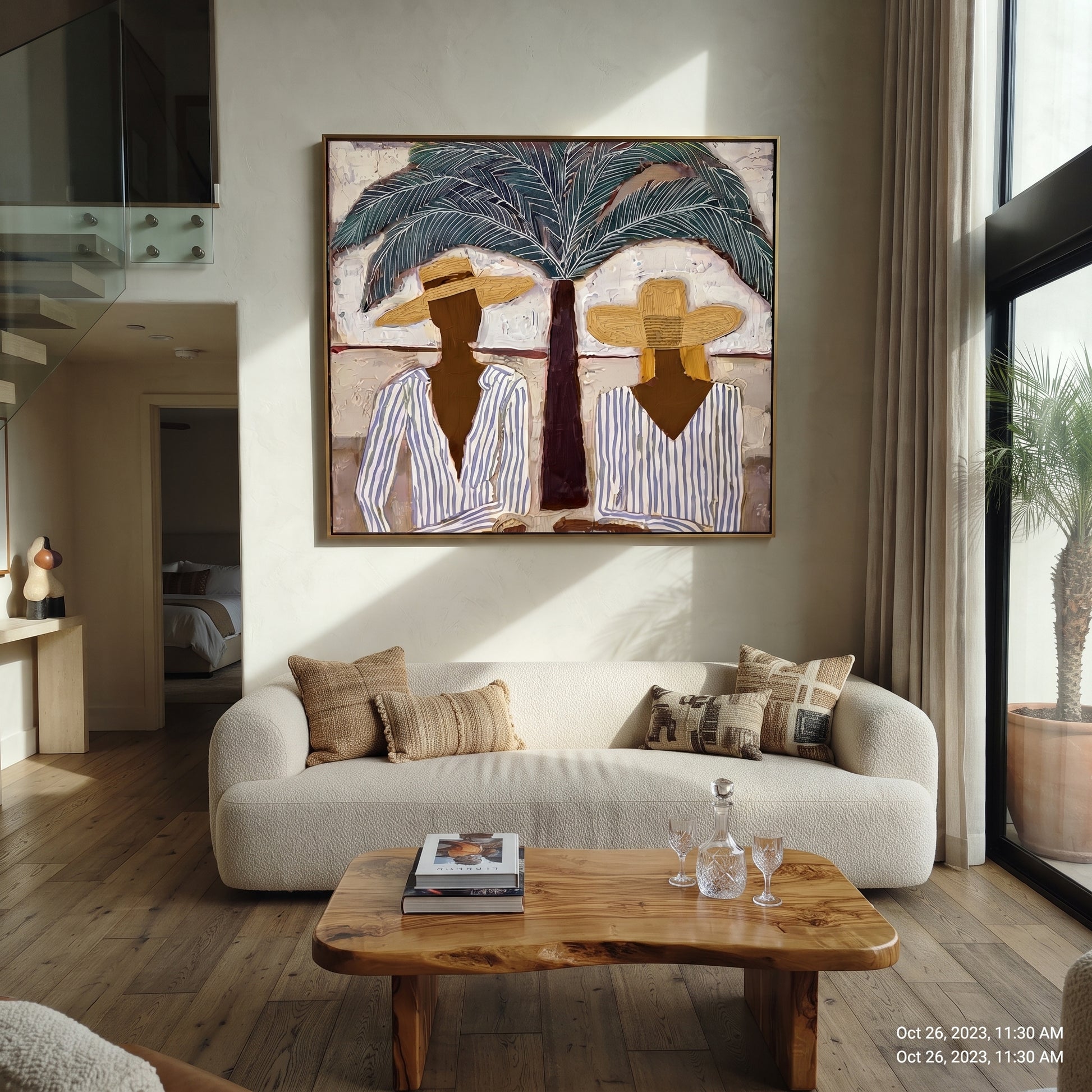 Palm Shade Sets Table - striped resort table painting by Claire Whitmore, modern coastal square wall art – styled room scene view 5