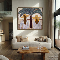 Palm Shade Sets Table - striped resort table painting by Claire Whitmore, modern coastal square wall art – styled room scene view 5