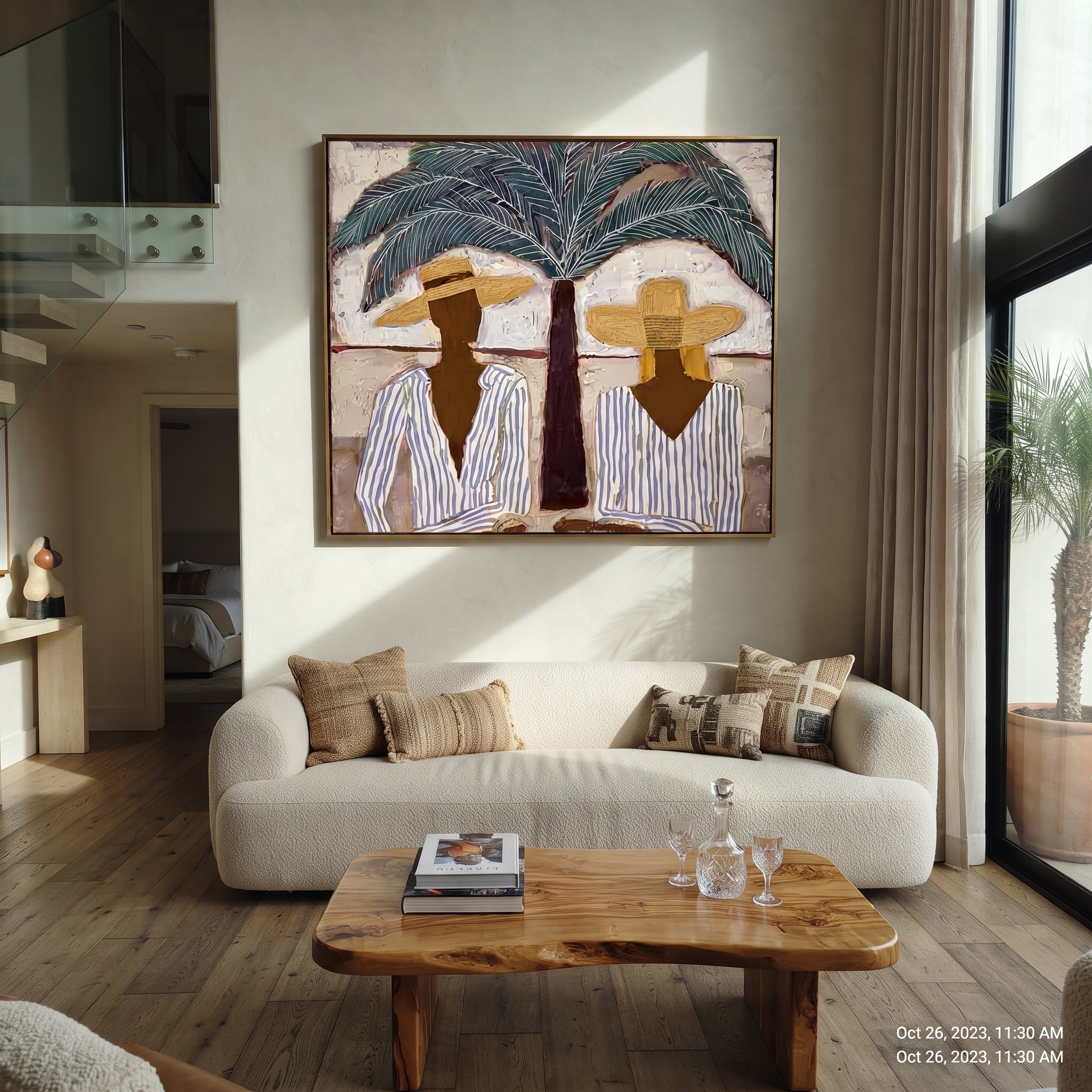 Palm Shade Sets Table - striped resort table painting by Claire Whitmore, modern coastal square wall art – styled room scene view 5