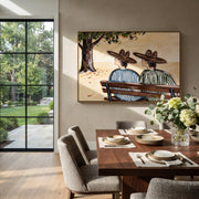 Bench Keeps Coastal Secrets - seaside bench pair painting by Claire Whitmore, modern coastal horizontal wall art – styled room scene view 1