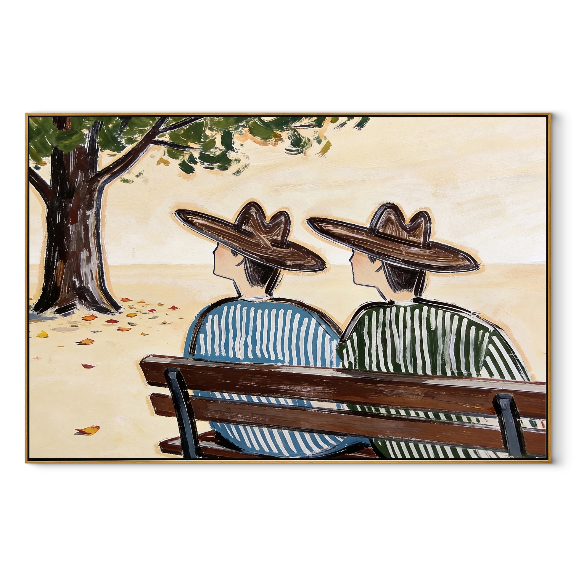 Bench Keeps Coastal Secrets - seaside bench pair painting by Claire Whitmore, modern coastal horizontal wall art – wood frame on white background