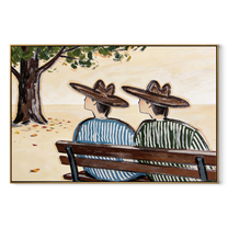 Bench Keeps Coastal Secrets - seaside bench pair painting by Claire Whitmore, modern coastal horizontal wall art – wood frame on white background