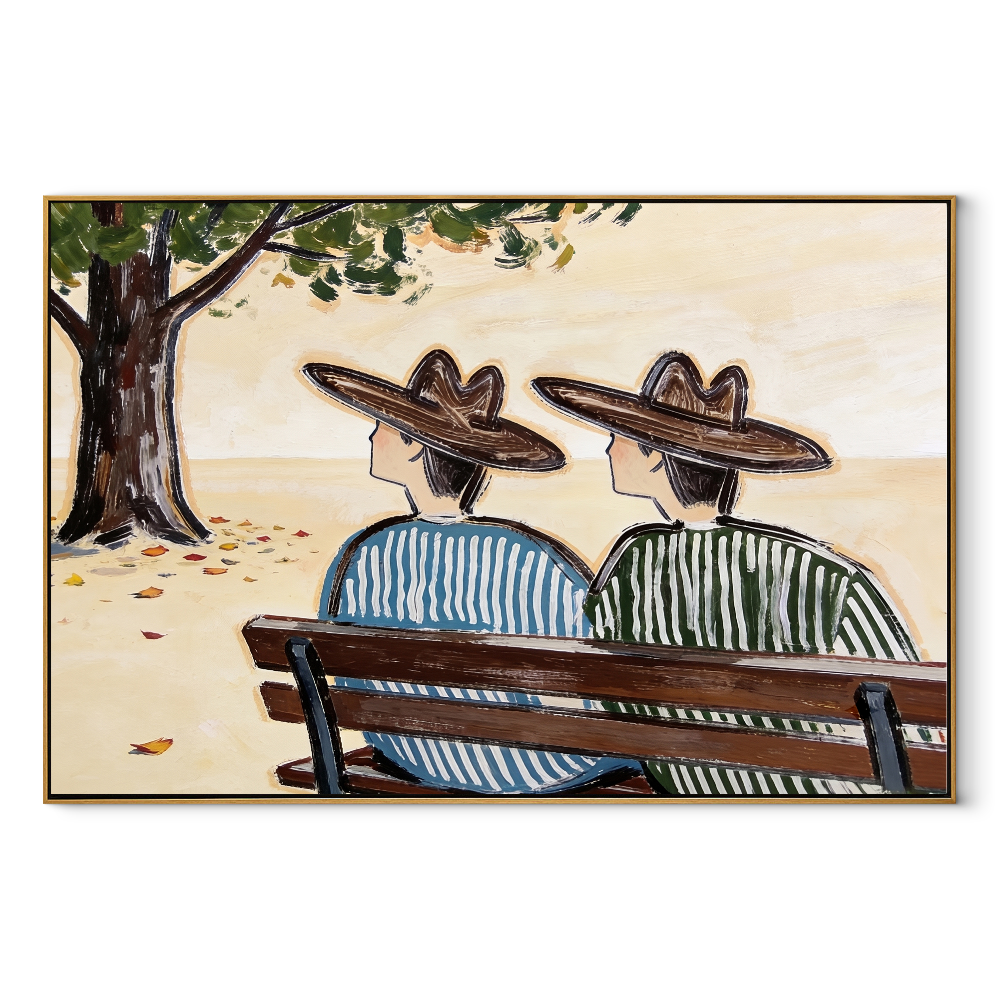Bench Keeps Coastal Secrets - seaside bench pair painting by Claire Whitmore, modern coastal horizontal wall art – wood frame on white background