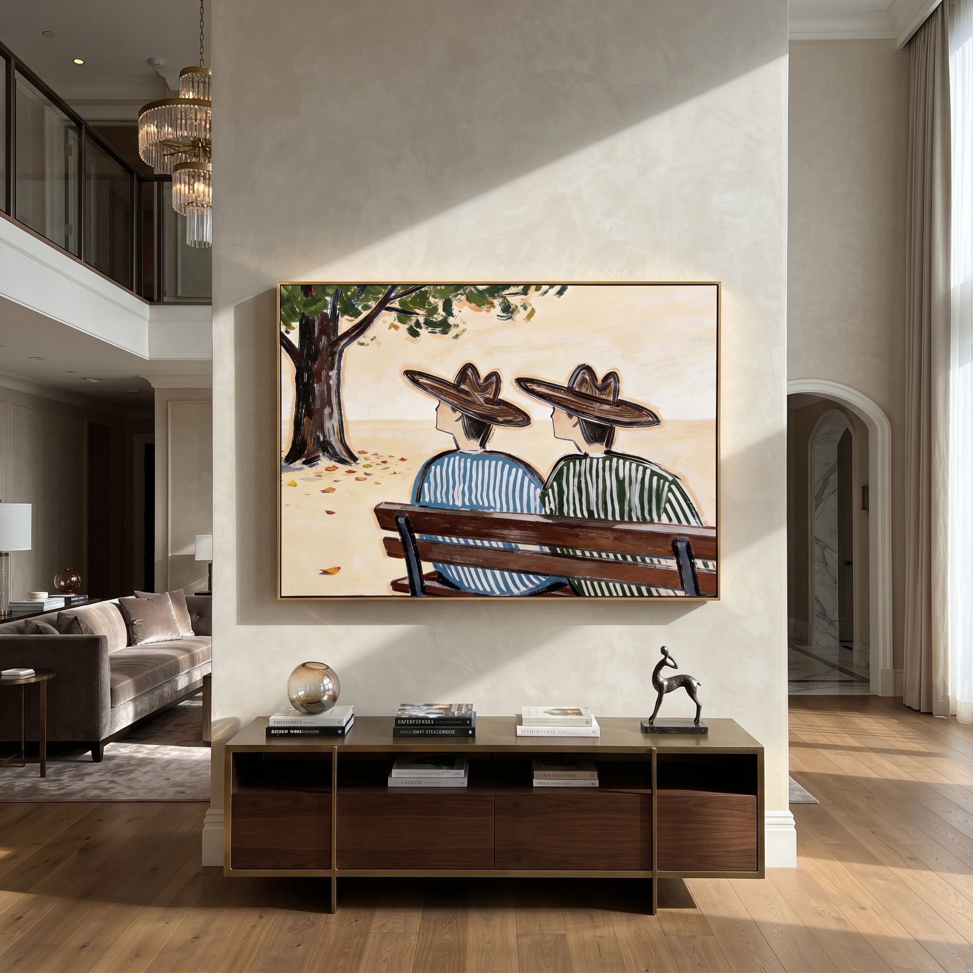 Bench Keeps Coastal Secrets - seaside bench pair painting by Claire Whitmore, modern coastal horizontal wall art – styled room scene view 2