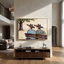 Bench Keeps Coastal Secrets - seaside bench pair painting by Claire Whitmore, modern coastal horizontal wall art – styled room scene view 2