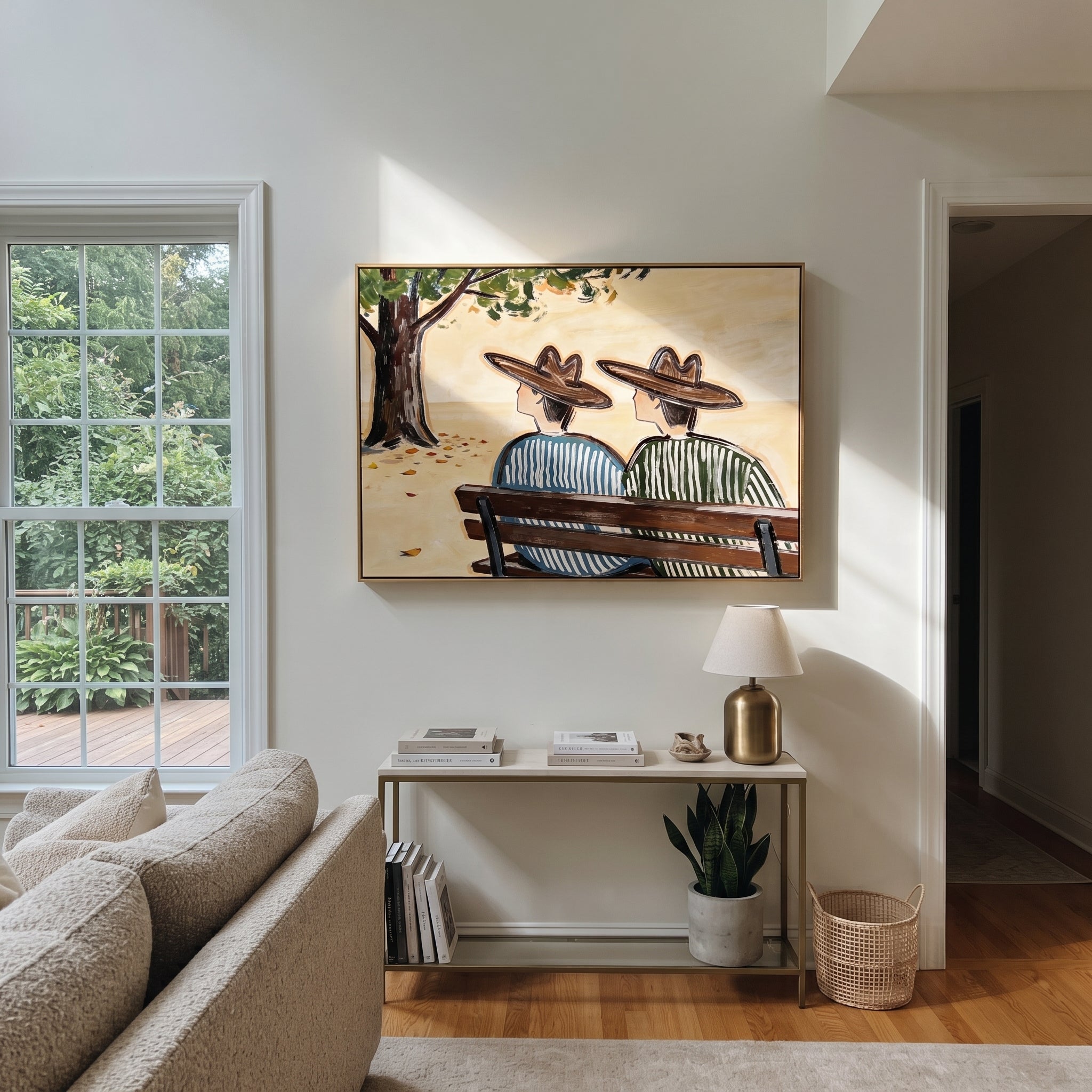 Bench Keeps Coastal Secrets - seaside bench pair painting by Claire Whitmore, modern coastal horizontal wall art – styled room scene view 3