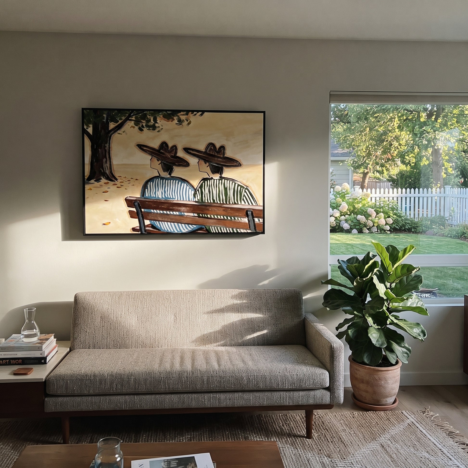 Bench Keeps Coastal Secrets - seaside bench pair painting by Claire Whitmore, modern coastal horizontal wall art – styled room scene view 4