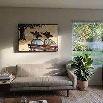 Bench Keeps Coastal Secrets - seaside bench pair painting by Claire Whitmore, modern coastal horizontal wall art – styled room scene view 4
