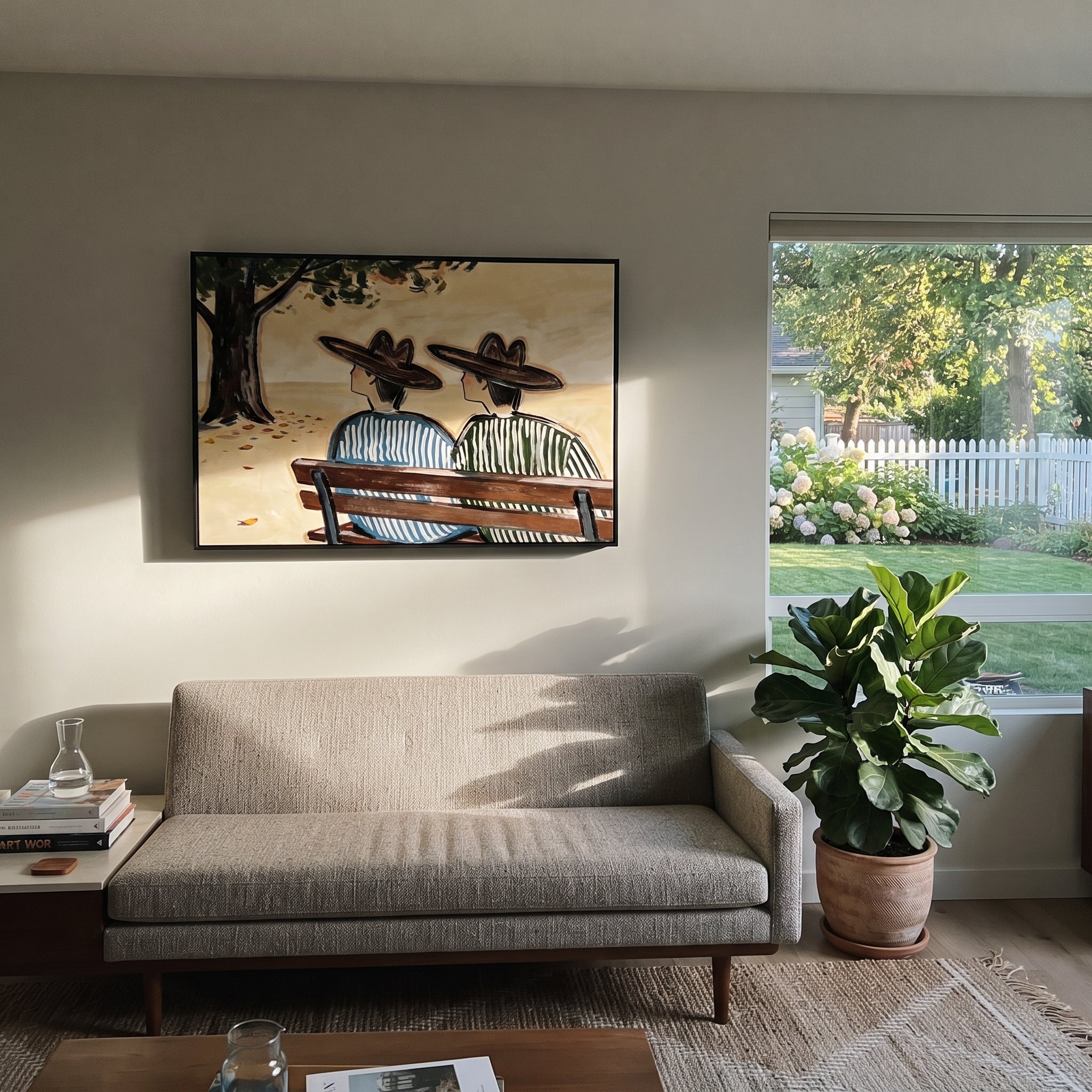 Bench Keeps Coastal Secrets - seaside bench pair painting by Claire Whitmore, modern coastal horizontal wall art – styled room scene view 4
