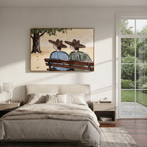 Bench Keeps Coastal Secrets - seaside bench pair painting by Claire Whitmore, modern coastal horizontal wall art – styled room scene view 5