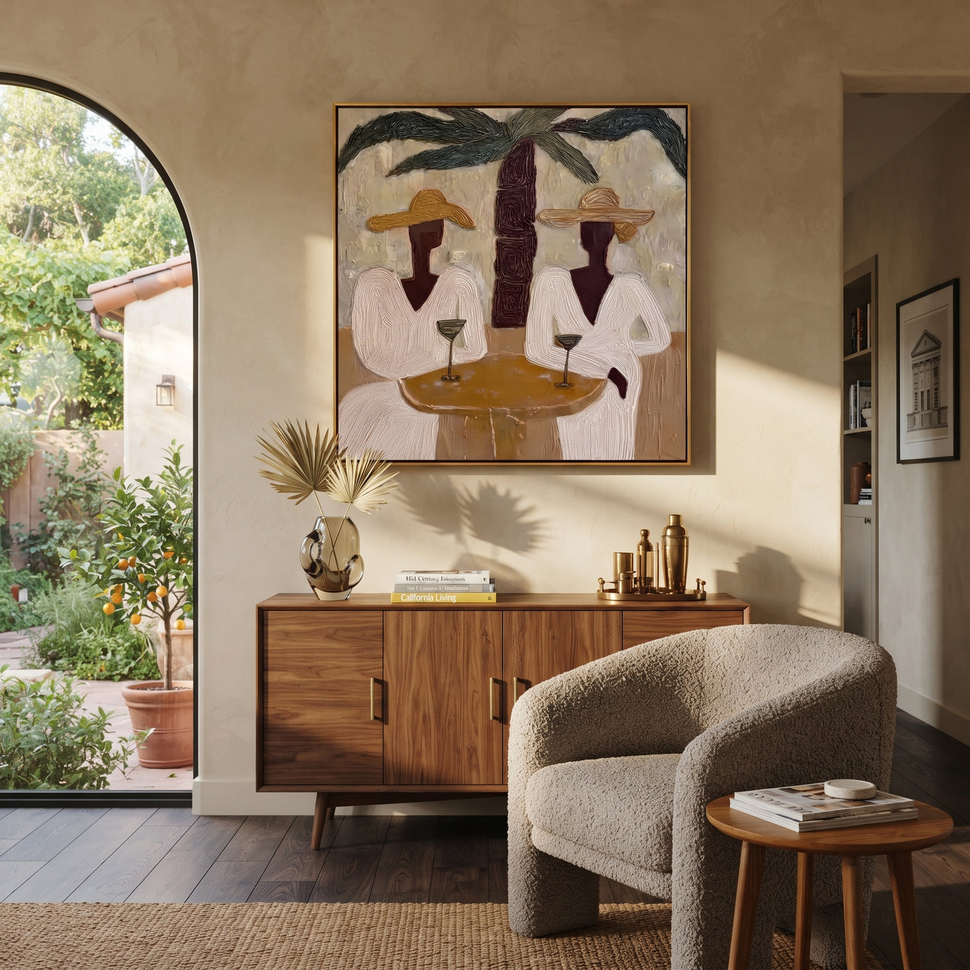 Two Cocktails Find Shade - palm cocktail pair painting by Claire Whitmore, modern coastal square wall art – styled room scene view 1