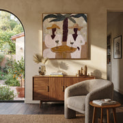 Two Cocktails Find Shade - palm cocktail pair painting by Claire Whitmore, modern coastal square wall art – styled room scene view 1