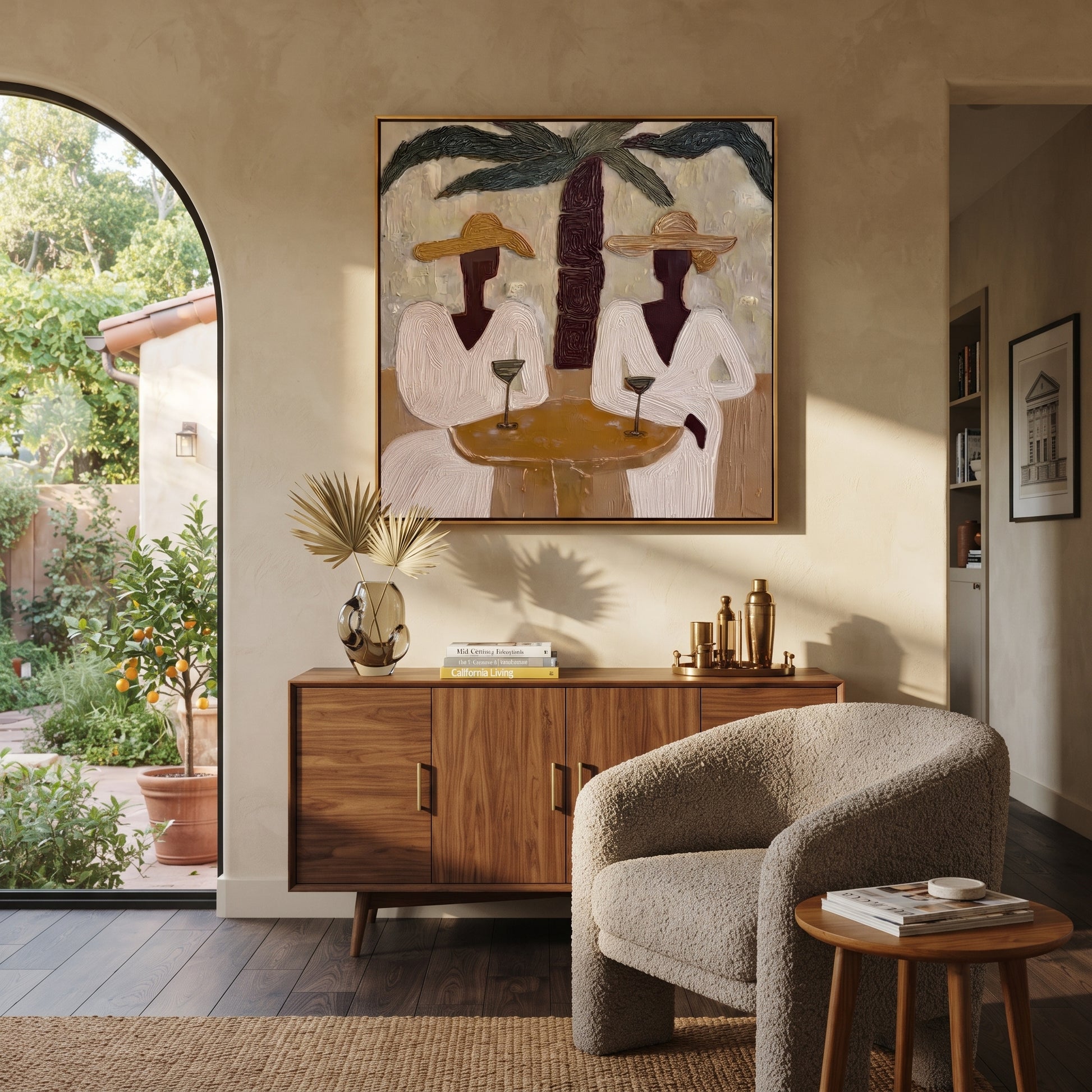 Two Cocktails Find Shade - palm cocktail pair painting by Claire Whitmore, modern coastal square wall art – styled room scene view 1