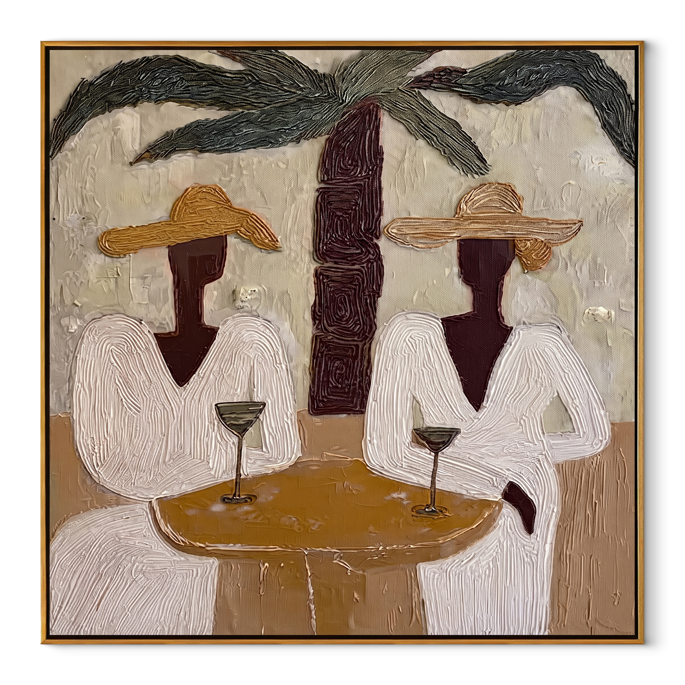 Two Cocktails Find Shade - palm cocktail pair painting by Claire Whitmore, modern coastal square wall art – wood frame on white background