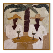 Two Cocktails Find Shade - palm cocktail pair painting by Claire Whitmore, modern coastal square wall art – wood frame on white background