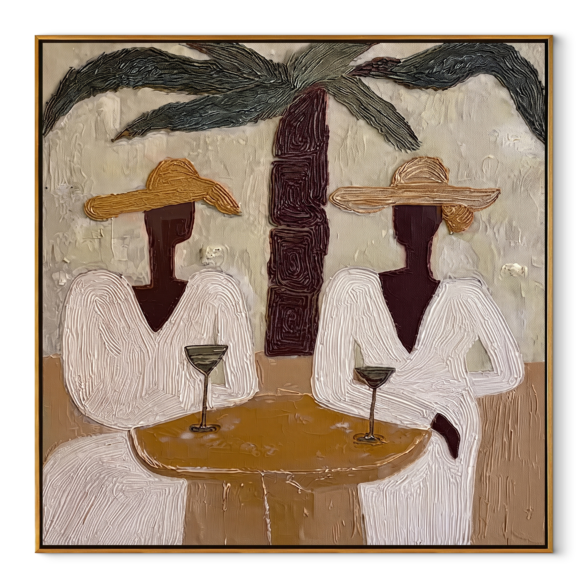 Two Cocktails Find Shade - palm cocktail pair painting by Claire Whitmore, modern coastal square wall art – wood frame on white background