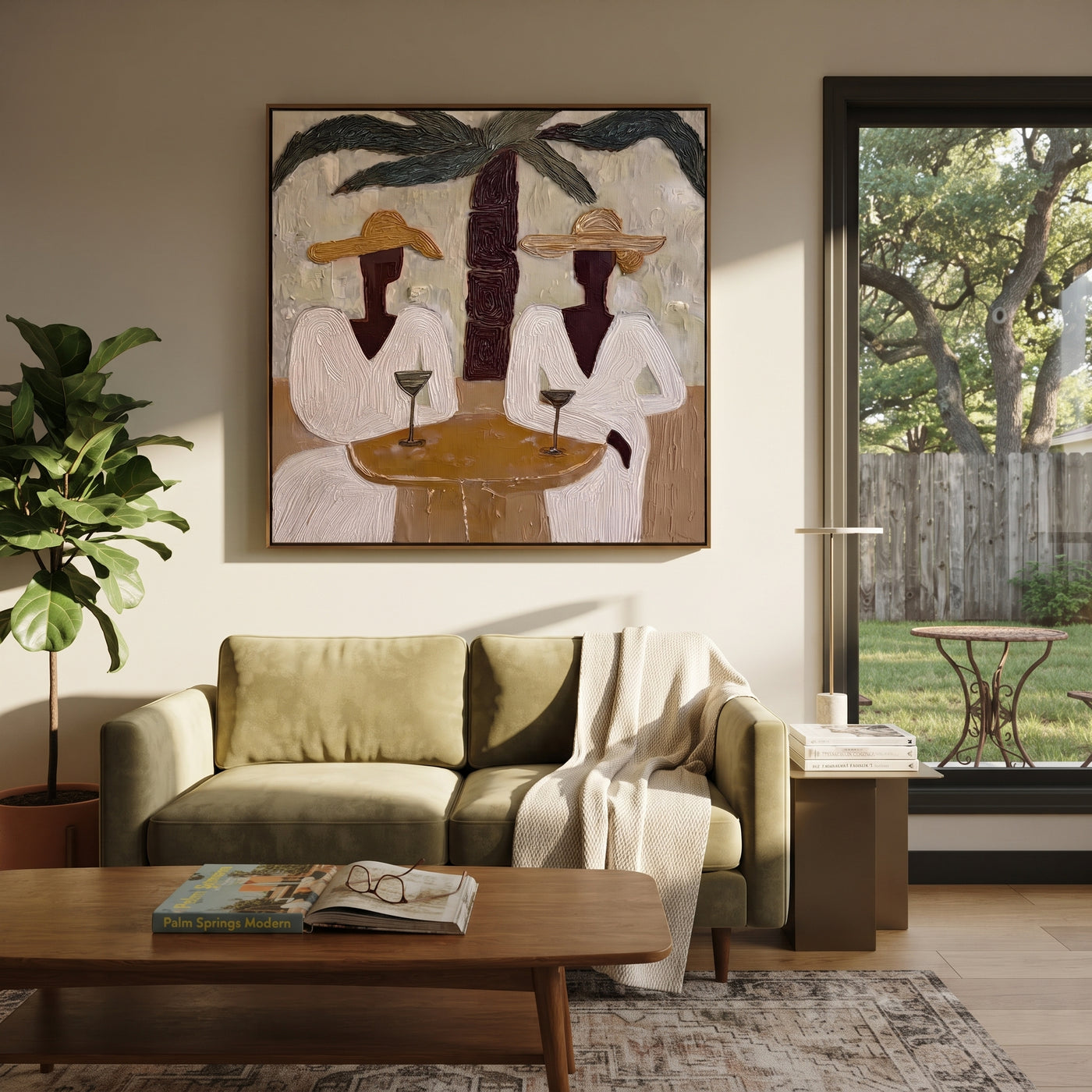 Two Cocktails Find Shade - palm cocktail pair painting by Claire Whitmore, modern coastal square wall art – styled room scene view 2