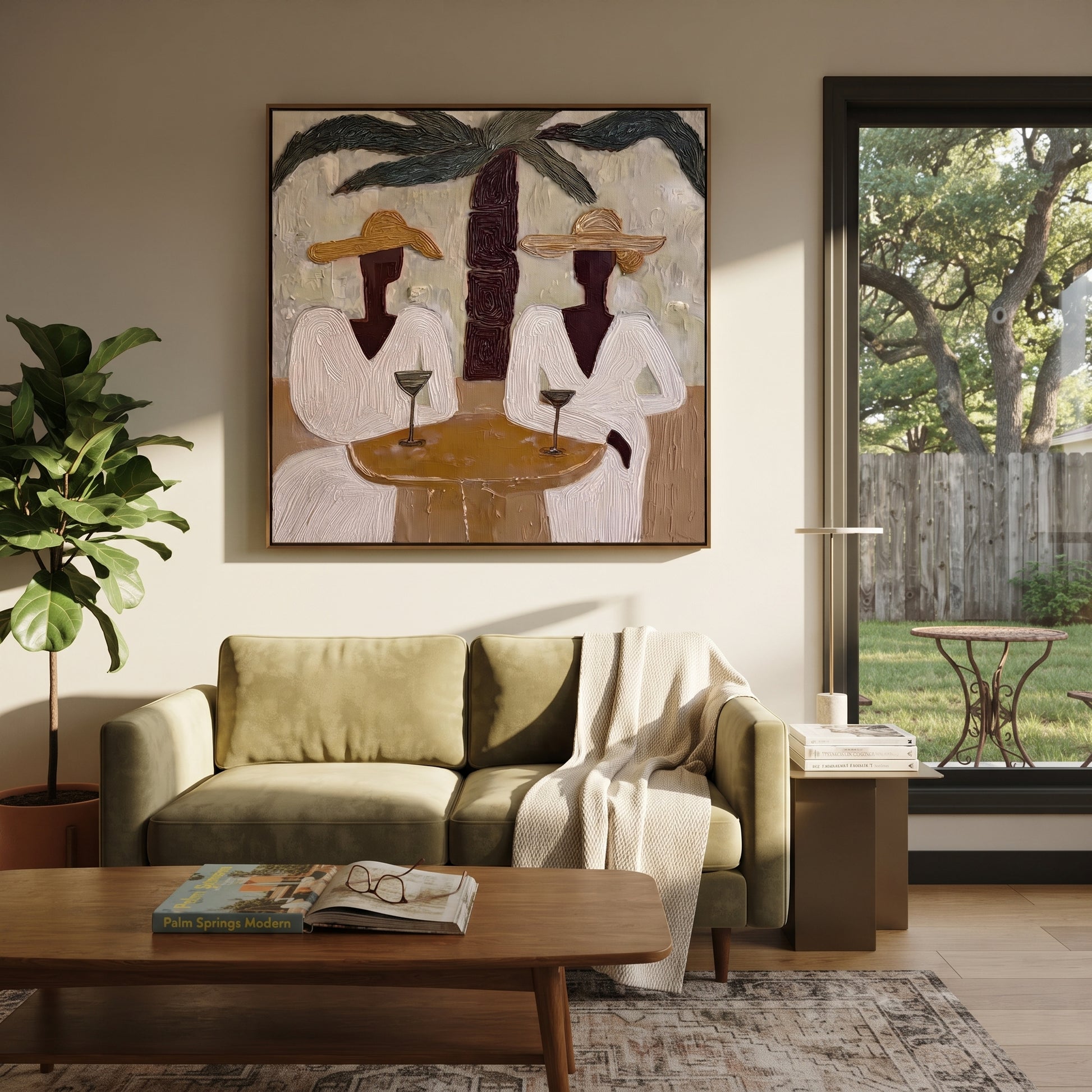 Two Cocktails Find Shade - palm cocktail pair painting by Claire Whitmore, modern coastal square wall art – styled room scene view 2