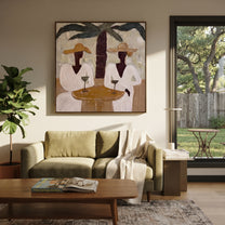 Two Cocktails Find Shade - palm cocktail pair painting by Claire Whitmore, modern coastal square wall art – styled room scene view 2