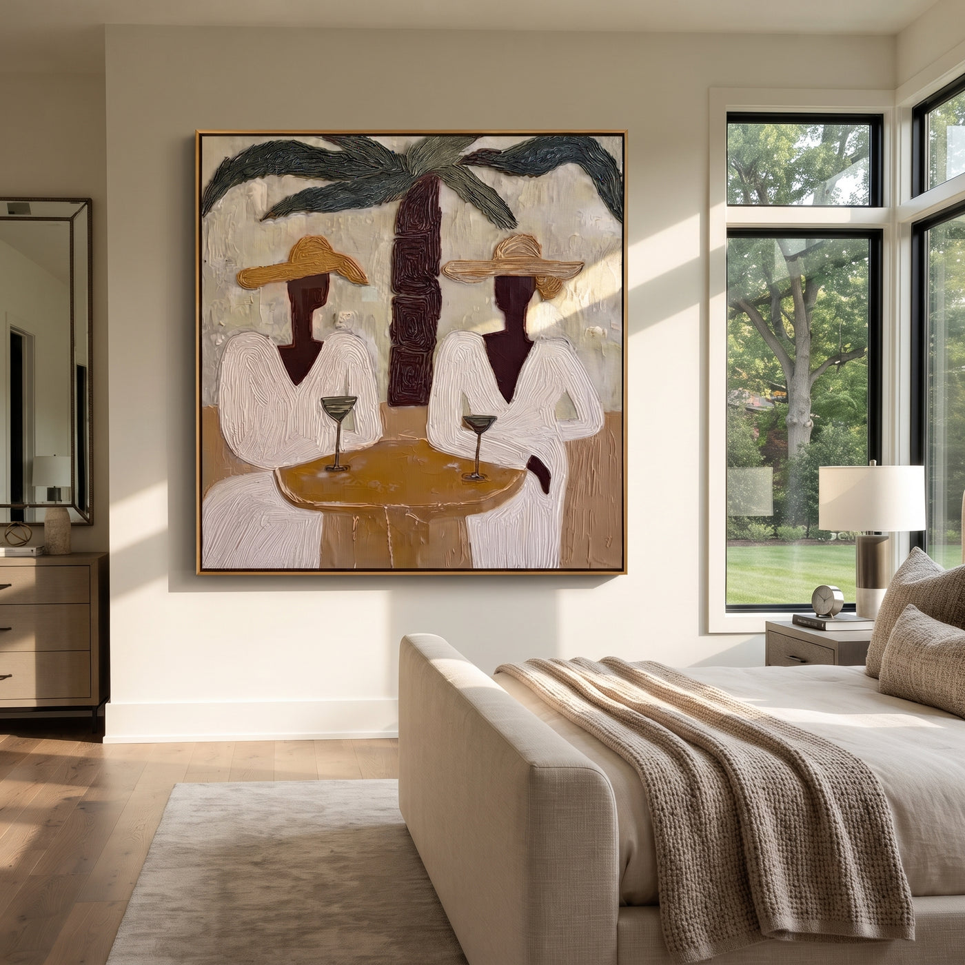 Two Cocktails Find Shade - palm cocktail pair painting by Claire Whitmore, modern coastal square wall art – styled room scene view 3