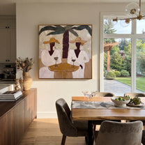 Two Cocktails Find Shade - palm cocktail pair painting by Claire Whitmore, modern coastal square wall art – styled room scene view 4