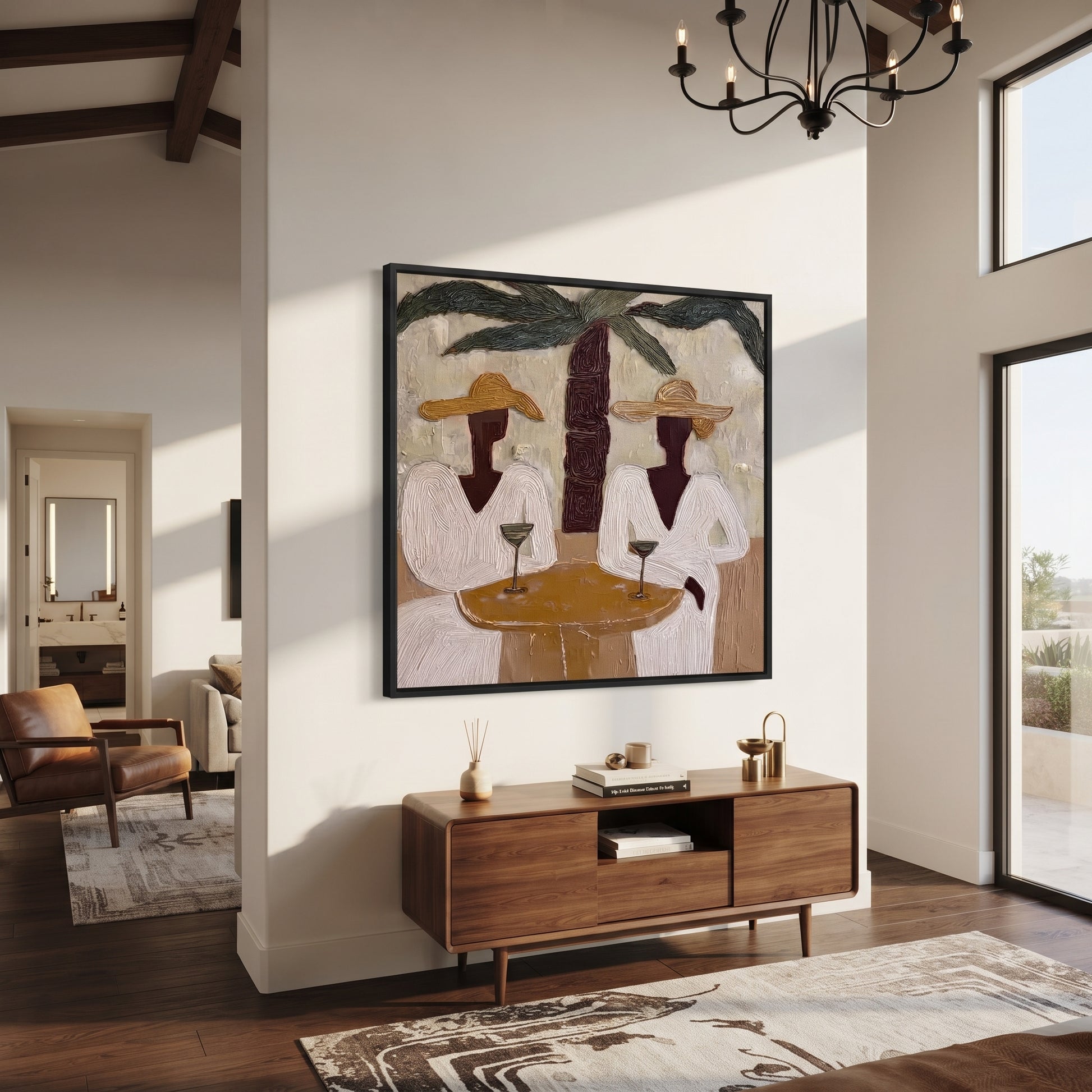 Two Cocktails Find Shade - palm cocktail pair painting by Claire Whitmore, modern coastal square wall art – styled room scene view 5