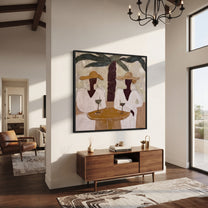 Two Cocktails Find Shade - palm cocktail pair painting by Claire Whitmore, modern coastal square wall art – styled room scene view 5